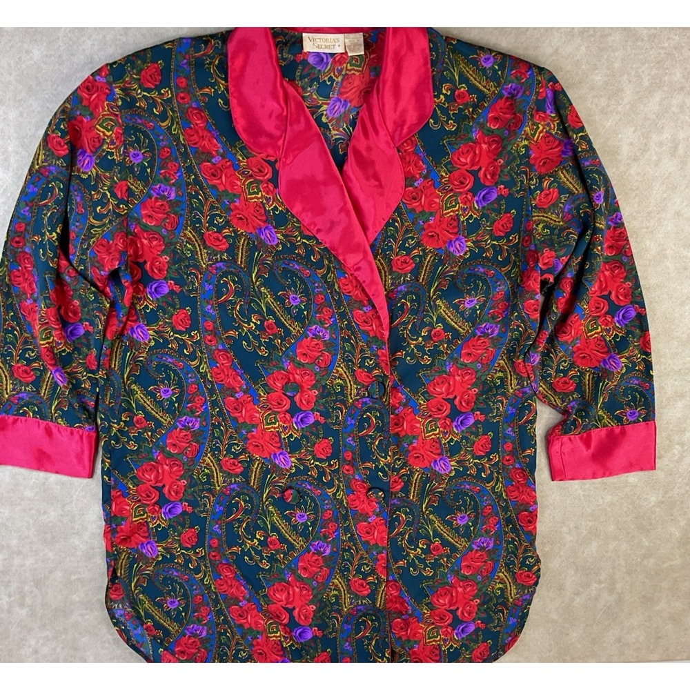 Victorias Secret Robe Womens M Gold Label Floral Satin Double Breasted Vintage - Picture 10 of 11